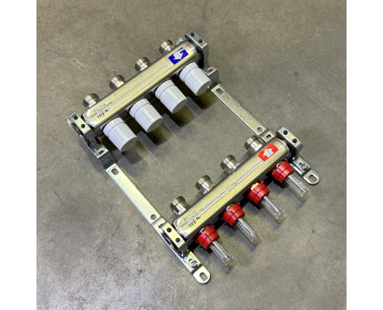 Коллекторная группа 1" Uni-Fitt 450Bнерж. сталь 4 выхода 3/4" с расходомерами и термостатическими вентилями без концевиков