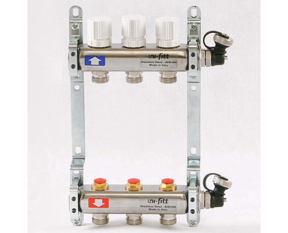 Коллекторная группа из нержавеющей стали с регулировочными и термостатическими вентилями UNI-FITT 1"x3/4"ЕК 3 выхода