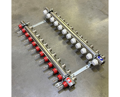 Коллекторная группа с расходомерами и термостатическими вентилями UNI-FITT серия I 1"x3/4"ЕК 12 выходов
