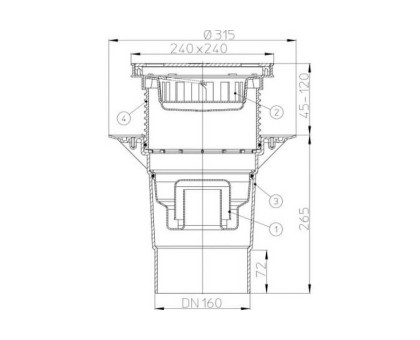 Дворовый трап Hutterer & Lechner Perfekt, верт. выпуск, с сифоном и решеткой из нерж.стали (до 1,5 т), DN 160 (Россия)